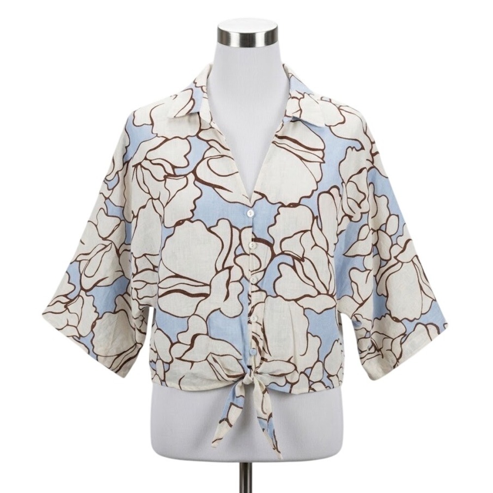 Rachel Zoe Womens Floral Cropped Tie Front Linen Rayon Blend Blouse Size L